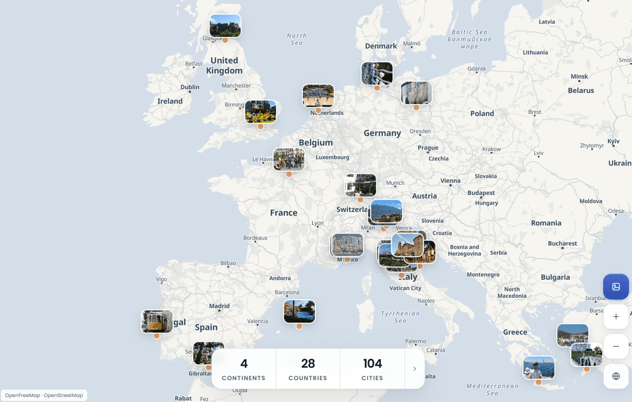 Photo Map showing travel photographs positioned over destinations across Europe.