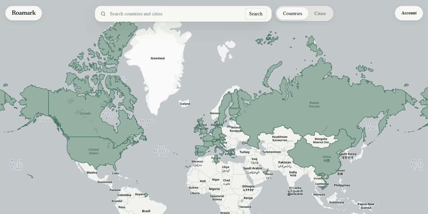 Roamark world map showing visited countries, search controls, and travel statistics.